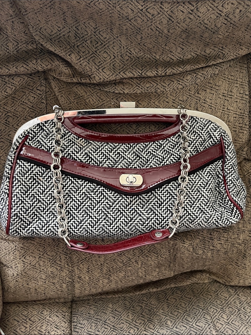 Fabric (wool) Black & White Shoulder Bag/Clutch with Burgundy Trim Apt. 9